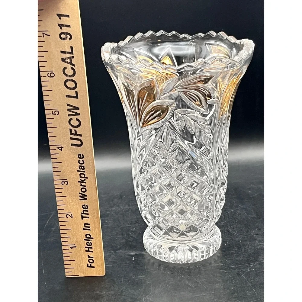 Vtg Anna Hütte Lead Crystal Vase Gold Leaf Etched Cut Glass Germany Bleikristall
